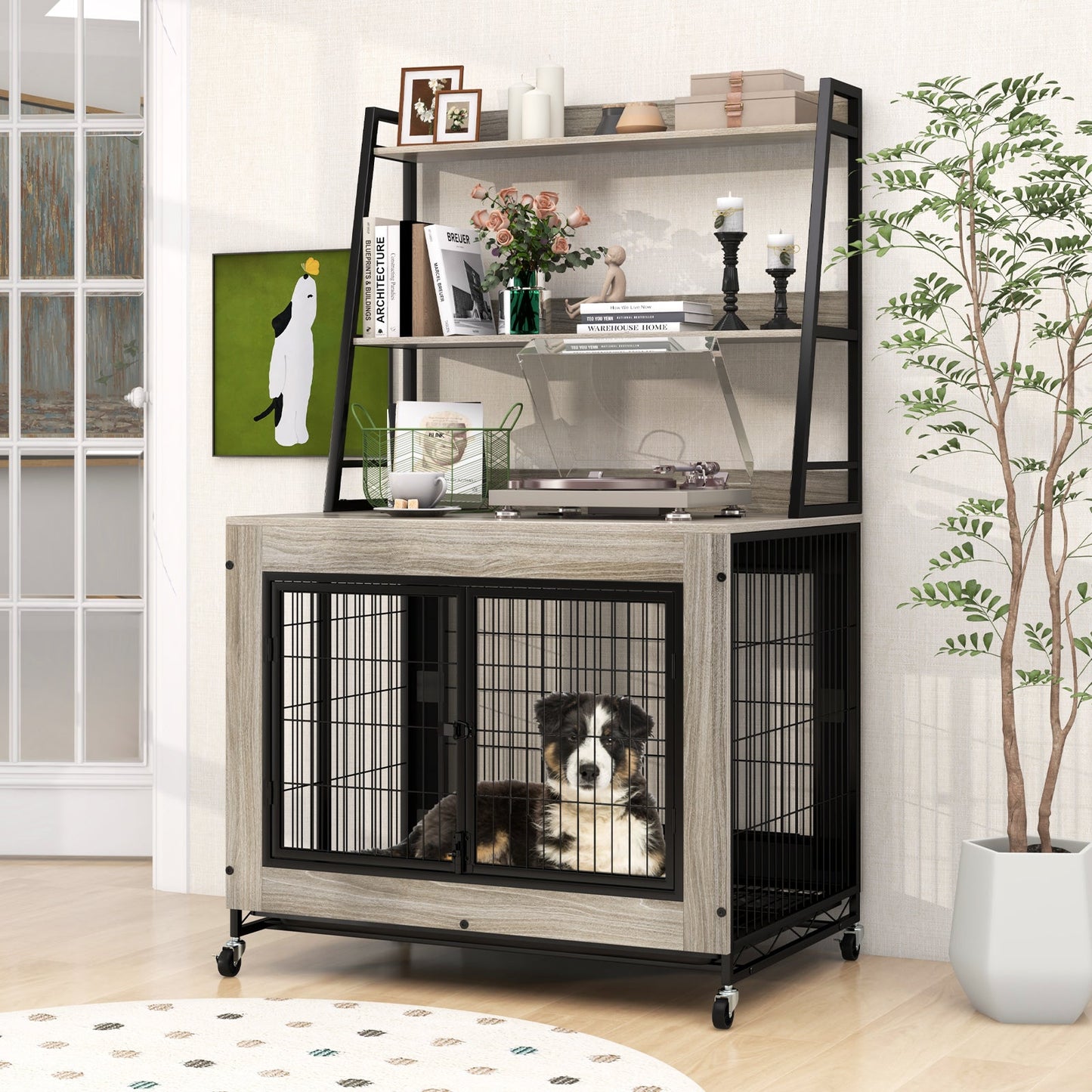 Mueble de jaula para perros industrial con estantes de almacenamiento - Gris