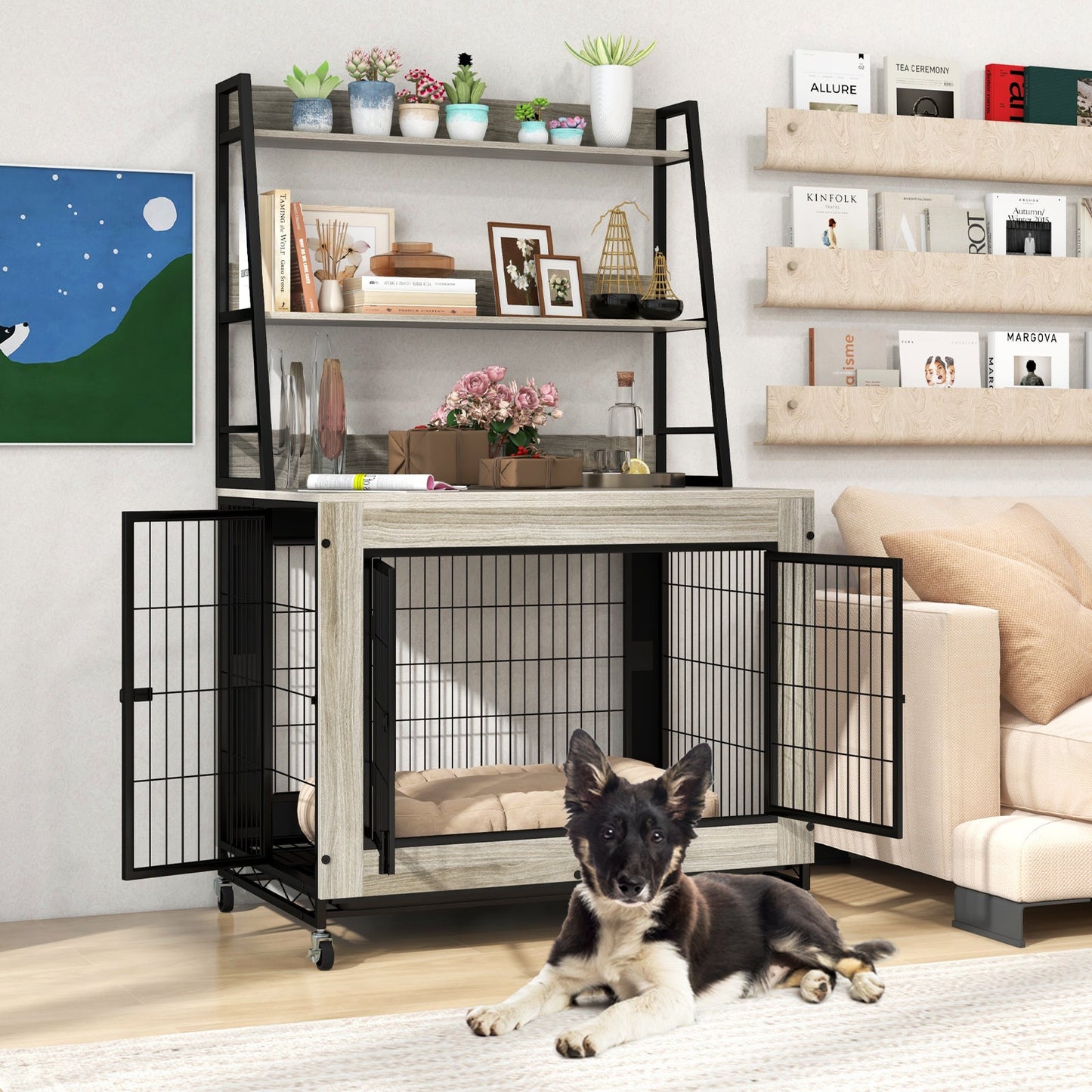 Mueble de jaula para perros industrial con estantes de almacenamiento - Gris