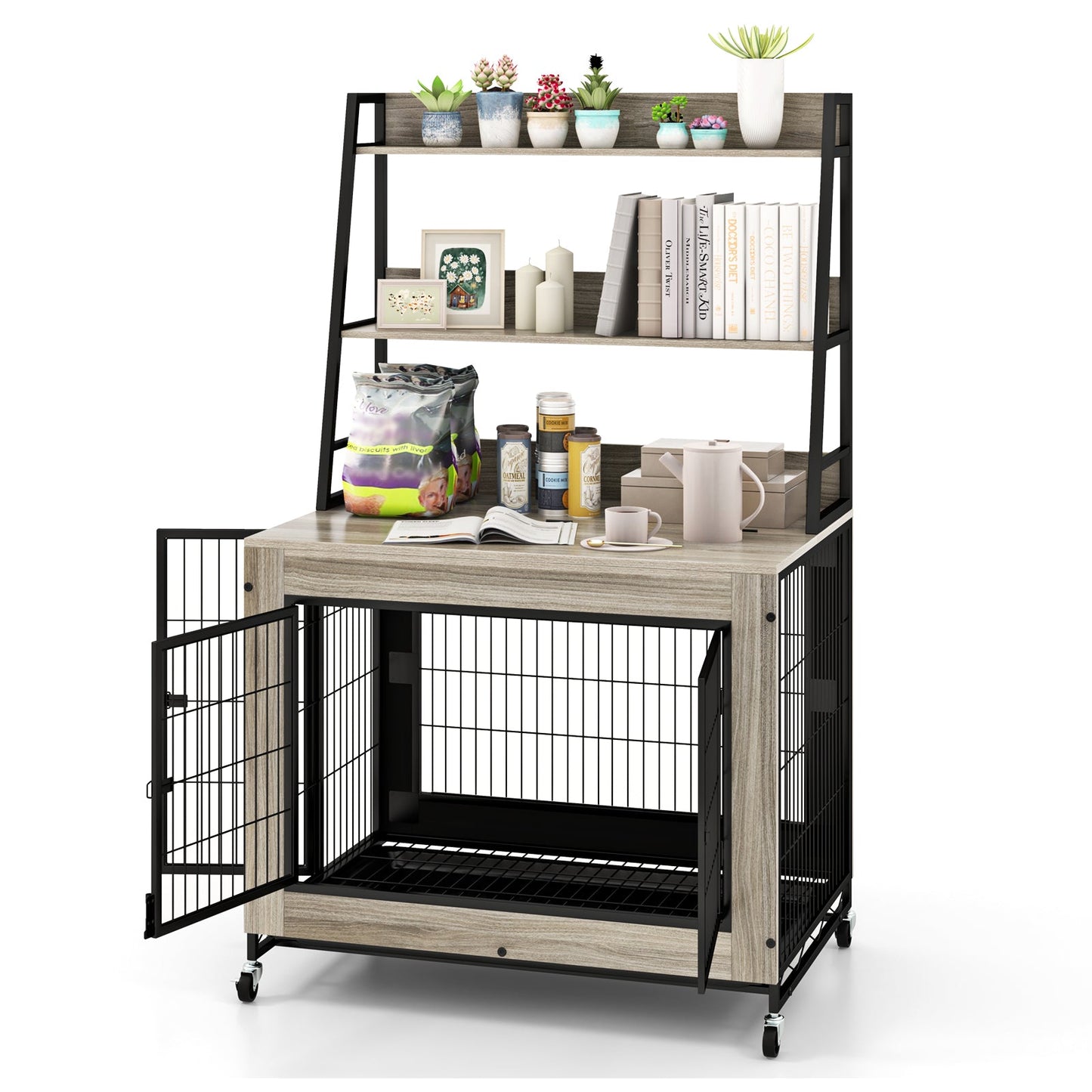 Mueble de jaula para perros industrial con estantes de almacenamiento - Gris