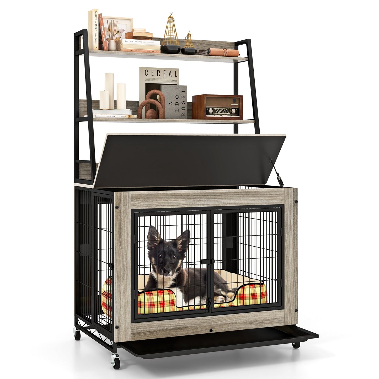Mueble de jaula para perros industrial con estantes de almacenamiento - Gris