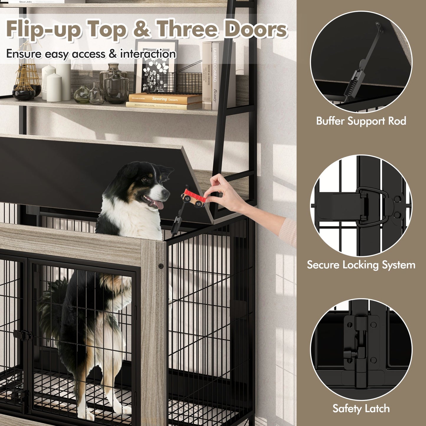 Mueble de jaula para perros industrial con estantes de almacenamiento - Gris