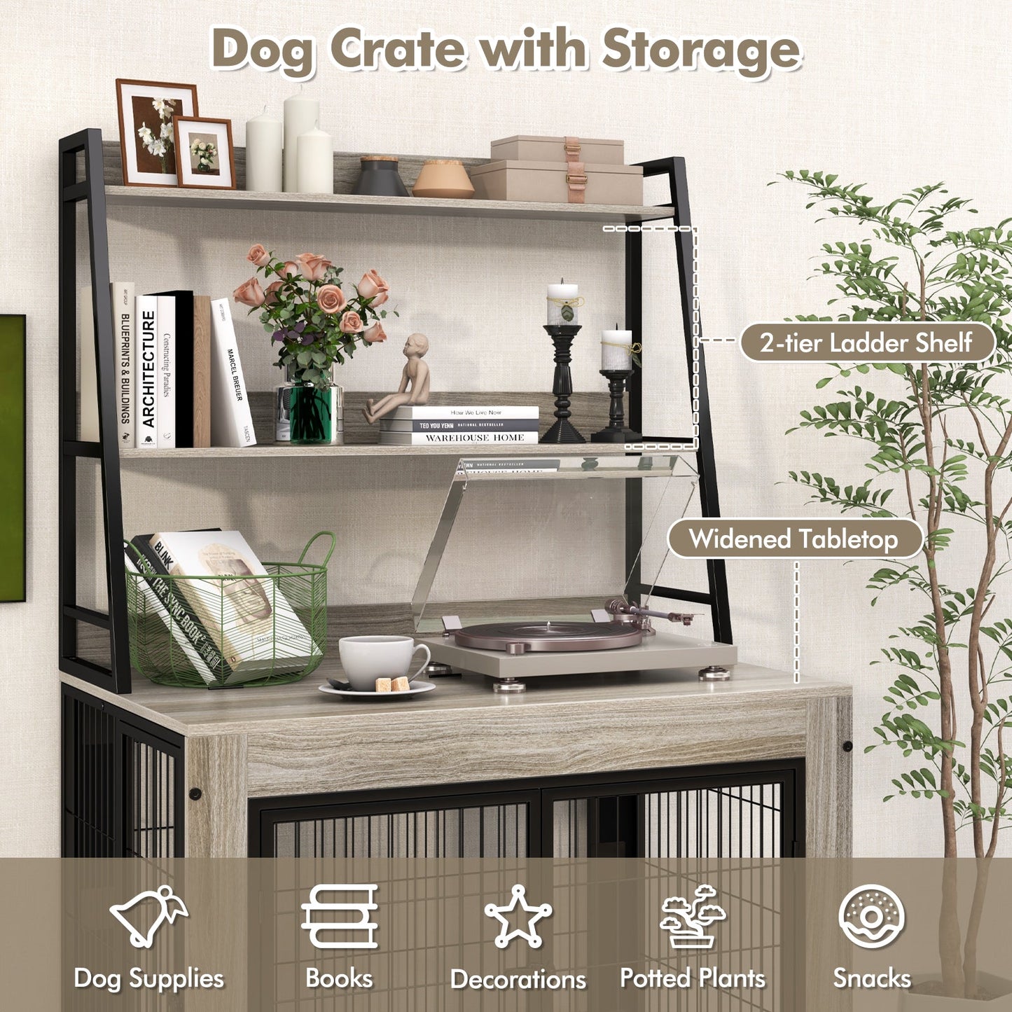 Mueble de jaula para perros industrial con estantes de almacenamiento - Gris