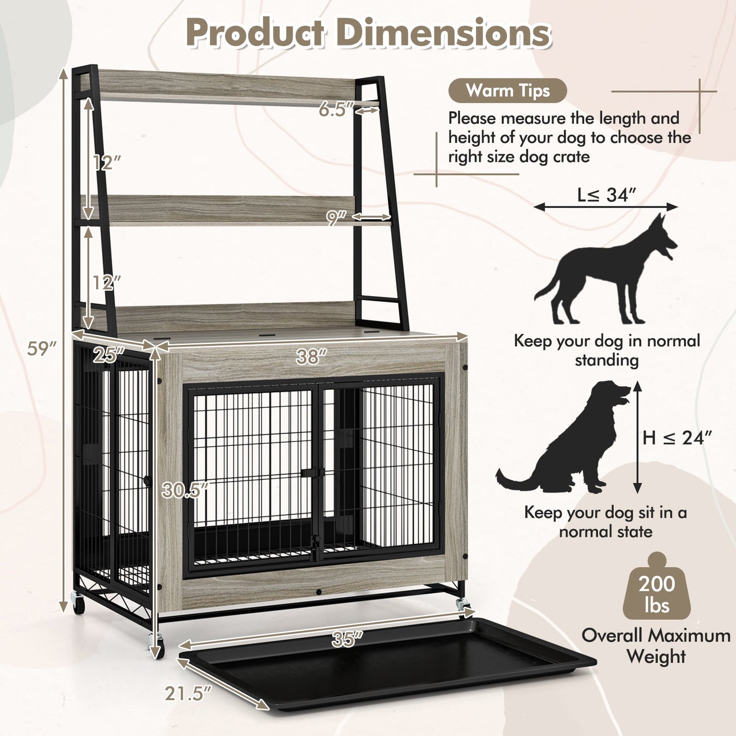 Mueble de jaula para perros industrial con estantes de almacenamiento - Gris