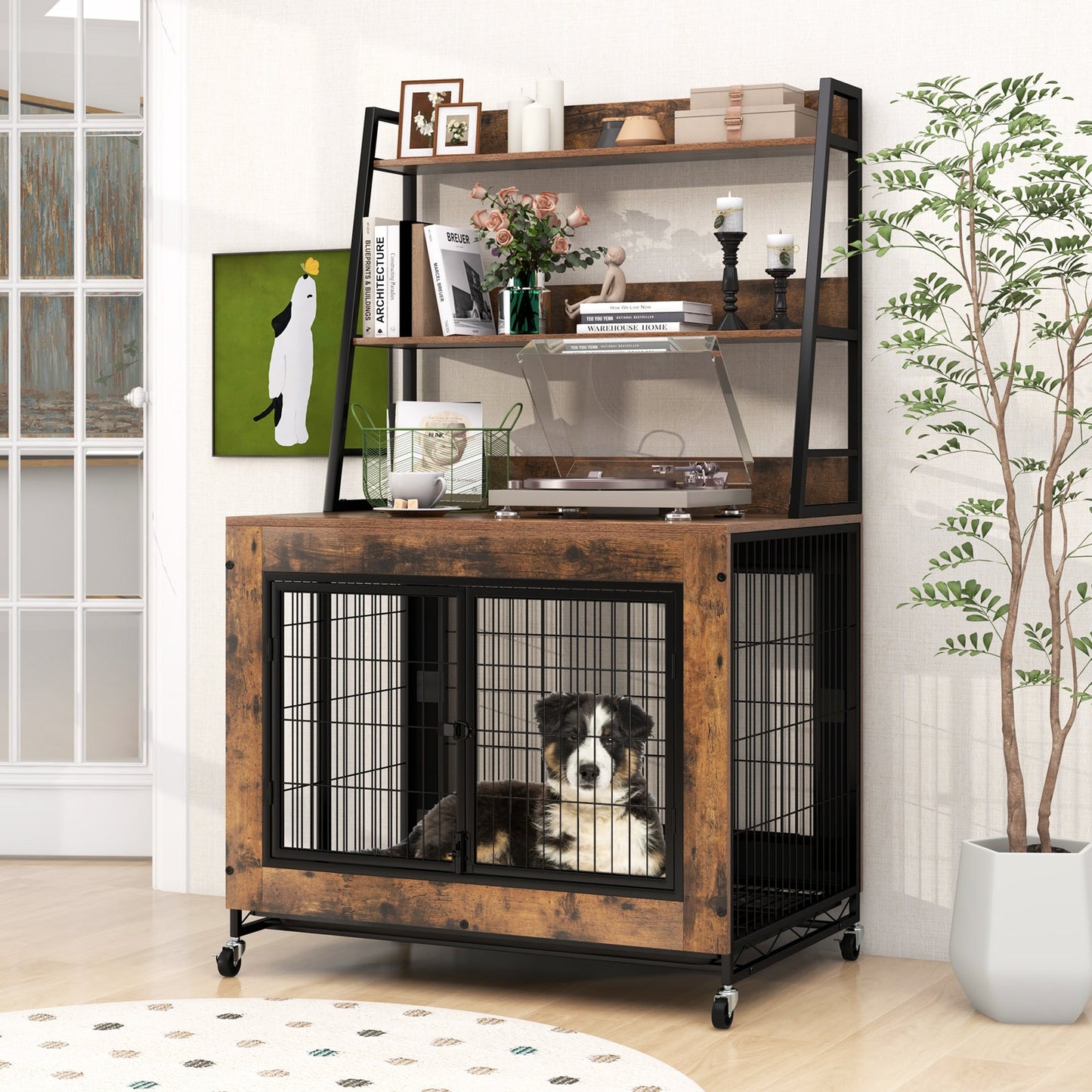 Meuble de caisse pour chien industriel avec étagères de rangement - Brun rustique