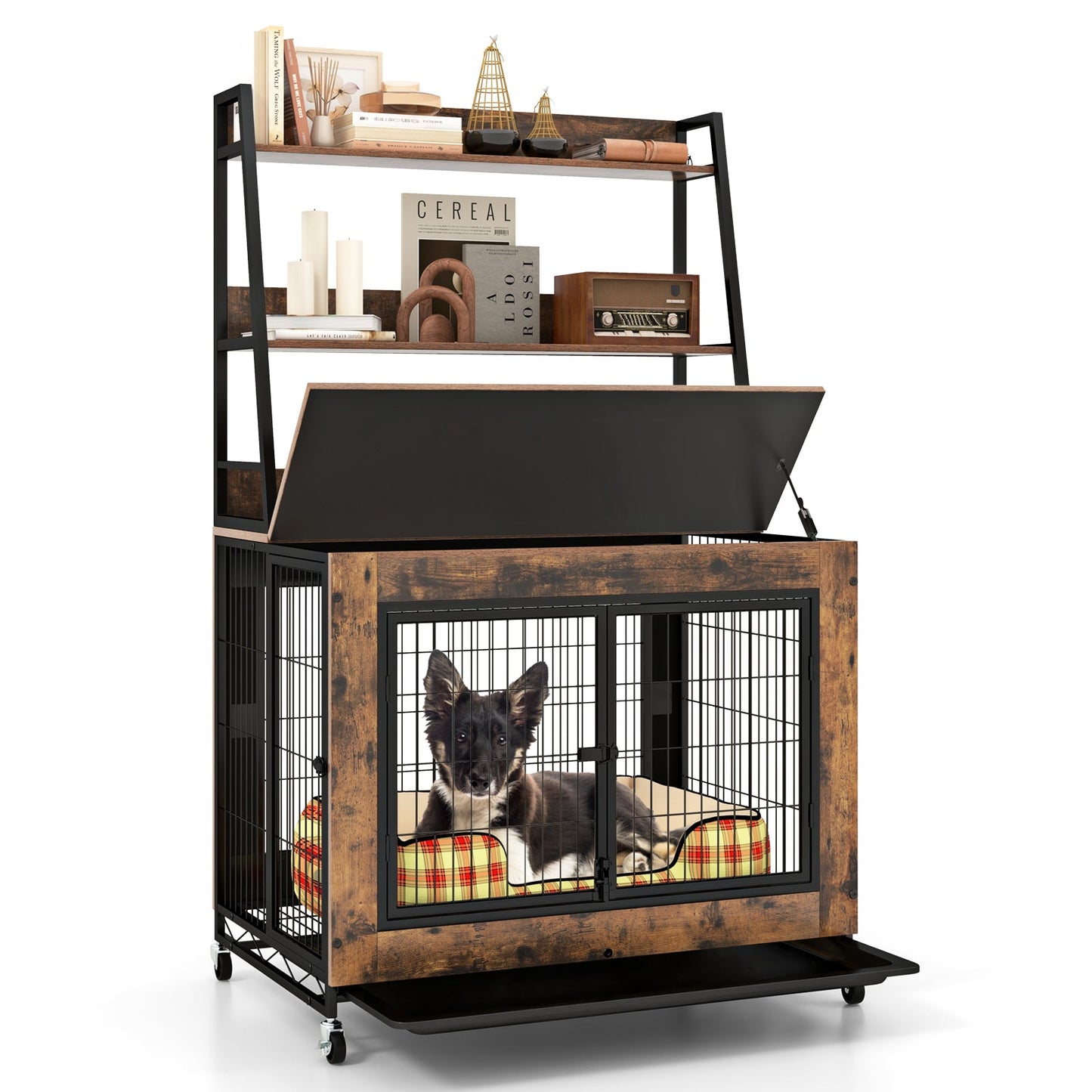 Meuble de caisse pour chien industriel avec étagères de rangement - Brun rustique