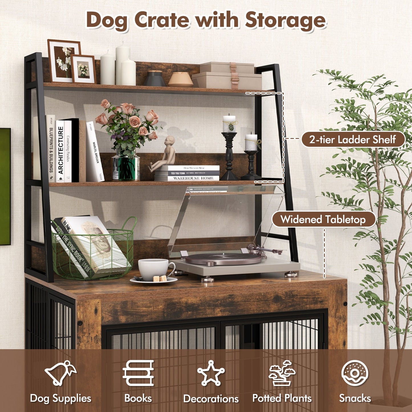 Meuble de caisse pour chien industriel avec étagères de rangement - Brun rustique