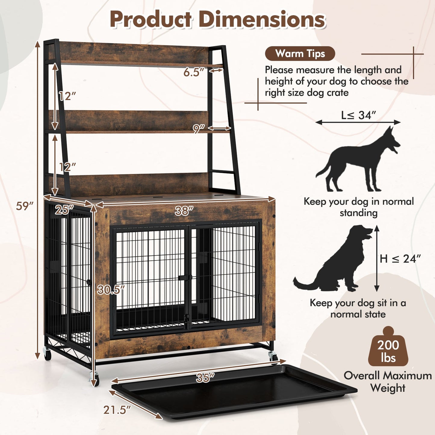 Meuble de caisse pour chien industriel avec étagères de rangement - Brun rustique