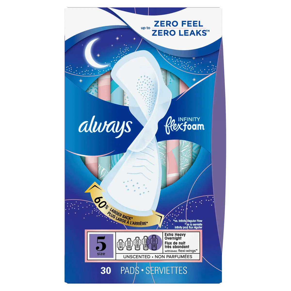 Always Infinity FlexFoam Overnight Pads, Size 5 - 3 Packs of 30