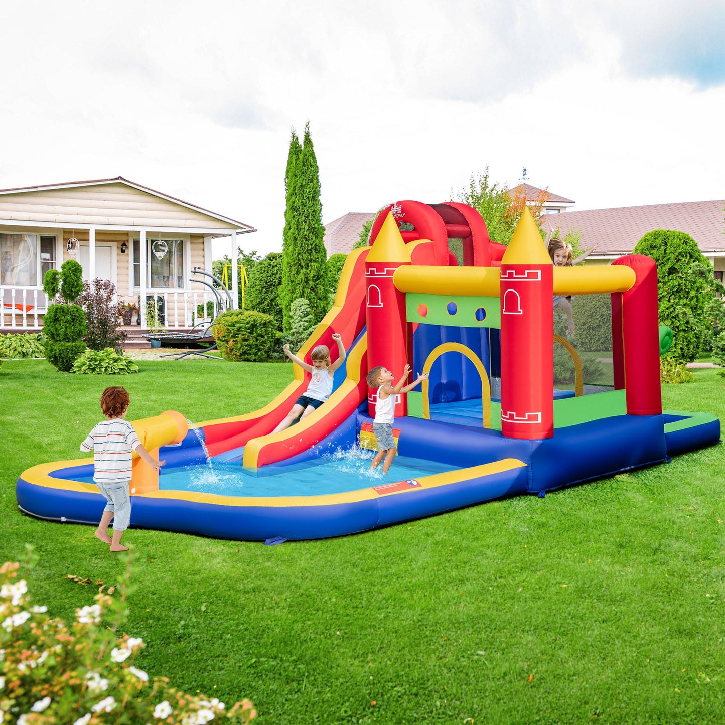 Château Gonflable 9-en-1 avec Toboggan Aquatique et Piscine à Éclaboussures