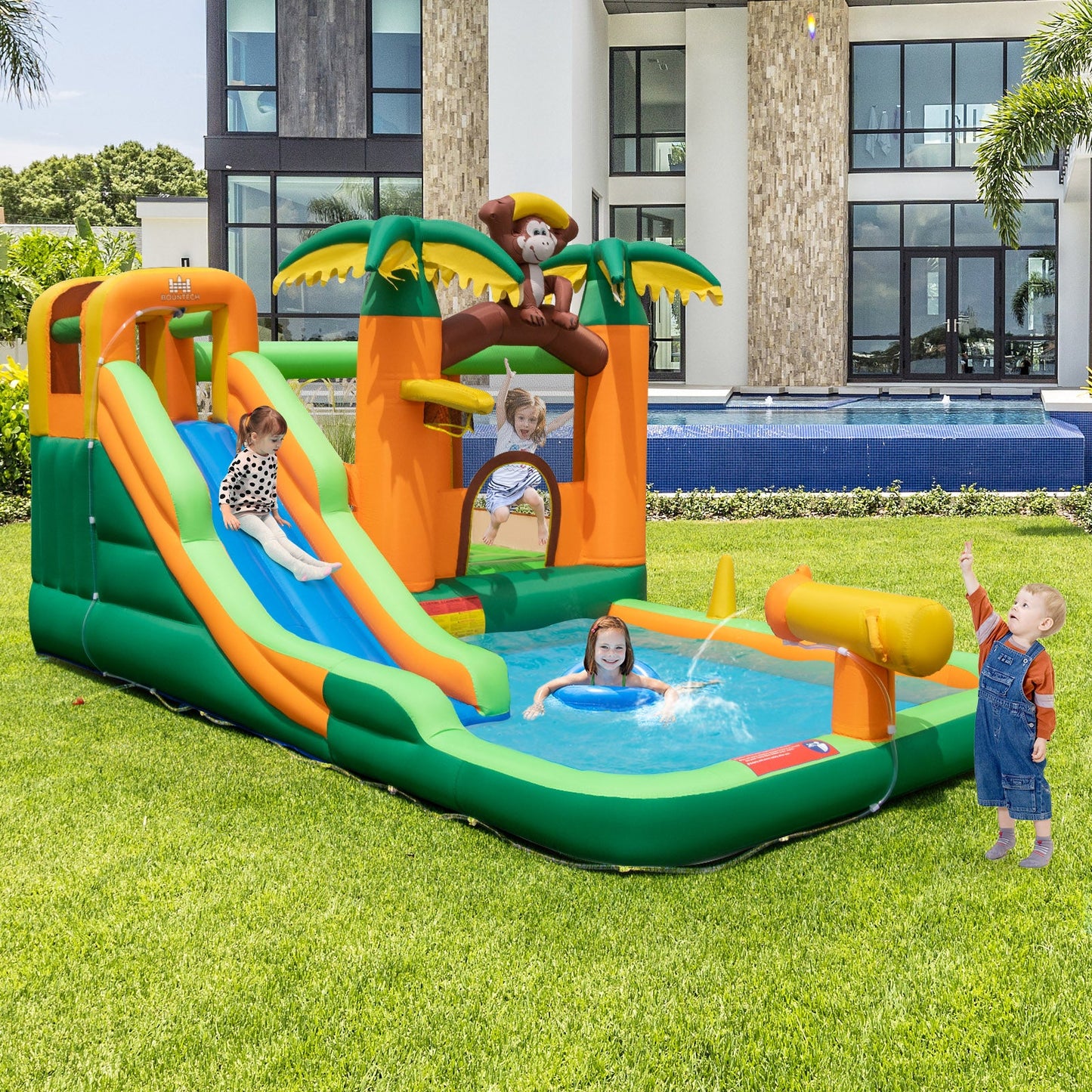 Monkey-Themed Inflatable Bounce House with Slide