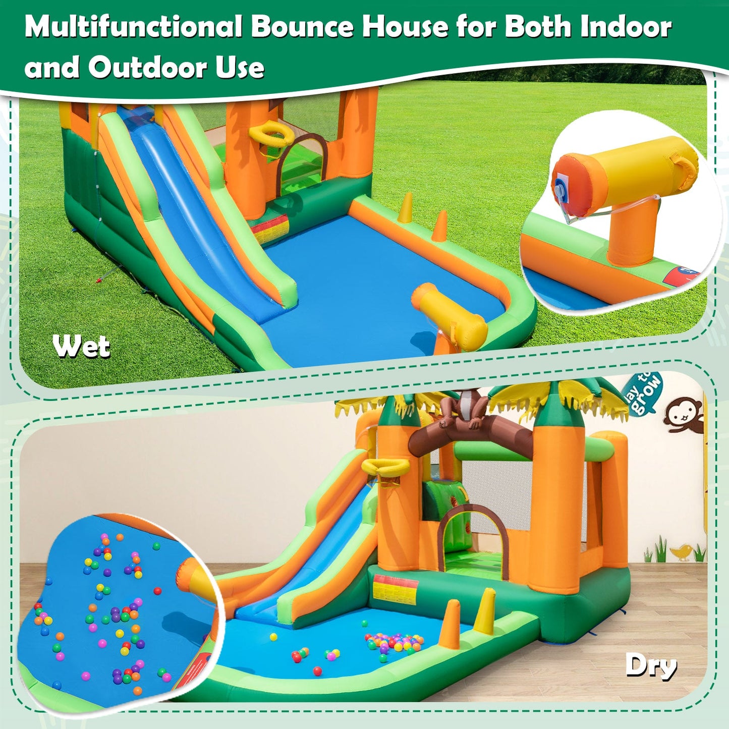 Monkey-Themed Inflatable Bounce House with Slide