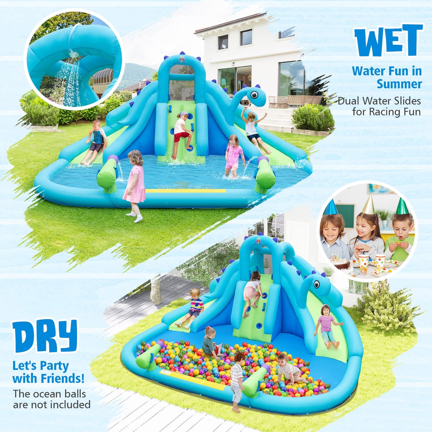 Toboggan Aquatique Gonflable avec Deux Glissières et Piscine à Éclaboussures