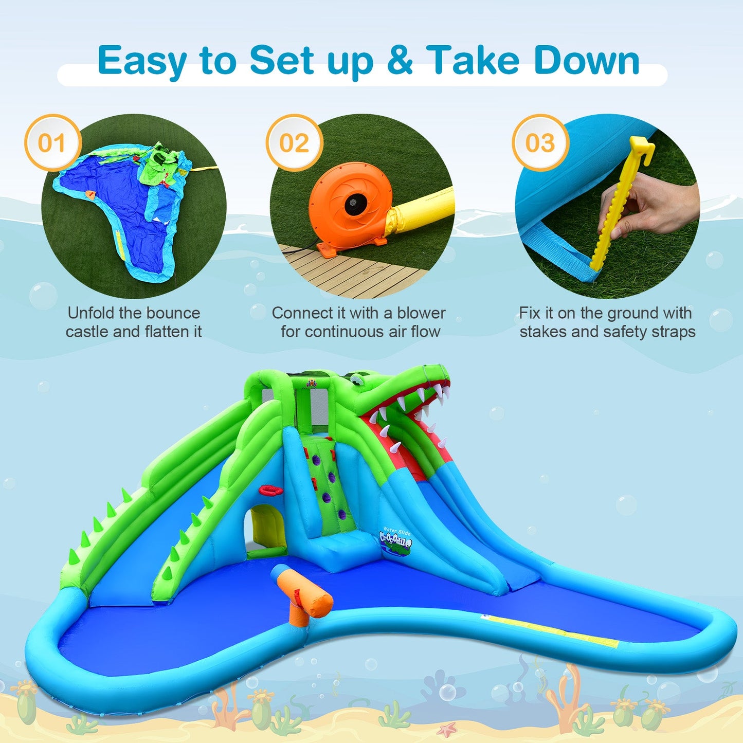 Inflatable Crocodile Water Slide with 780W Blower