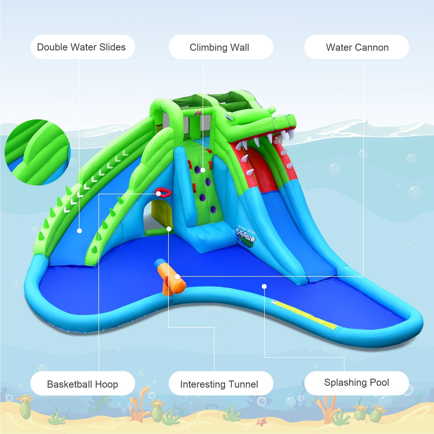 Inflatable Crocodile Water Slide with 780W Blower