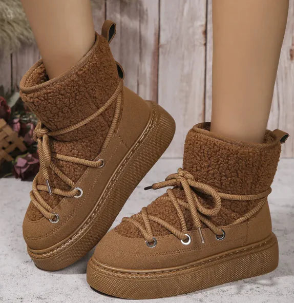 Botas de Nieve con Cordones de Moda para Mujeres - Botín Corto Cálido y Casual