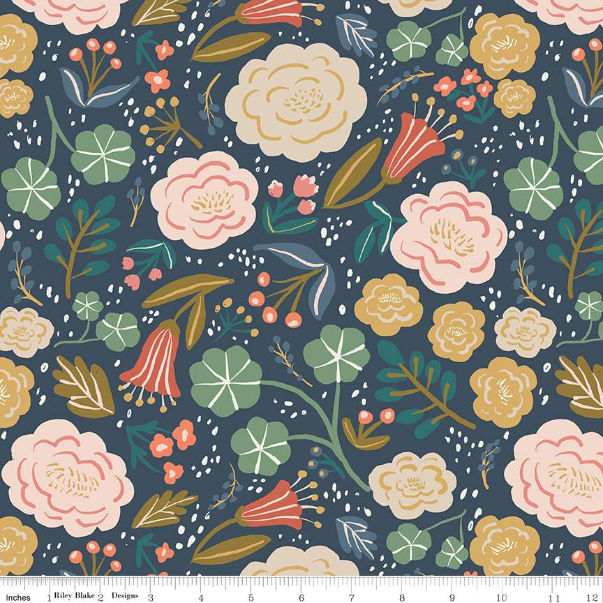 Tela de algodón de fondo ancho floral navy Ivy Reese - Calidad premium