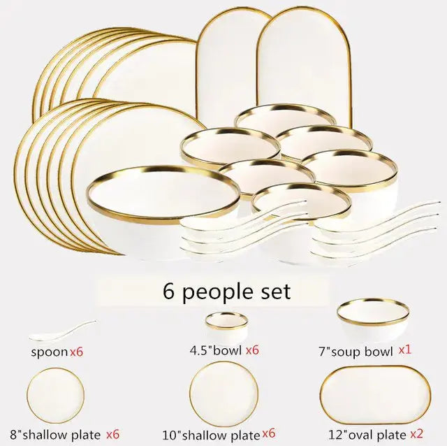 Ensemble de Plateaux à Dîner en Porcelaine Blanche à Bord Doré Mat