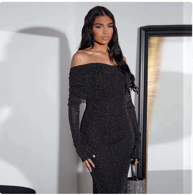 Vestido de Lentejuelas con Hombros Descubiertos para Mujeres