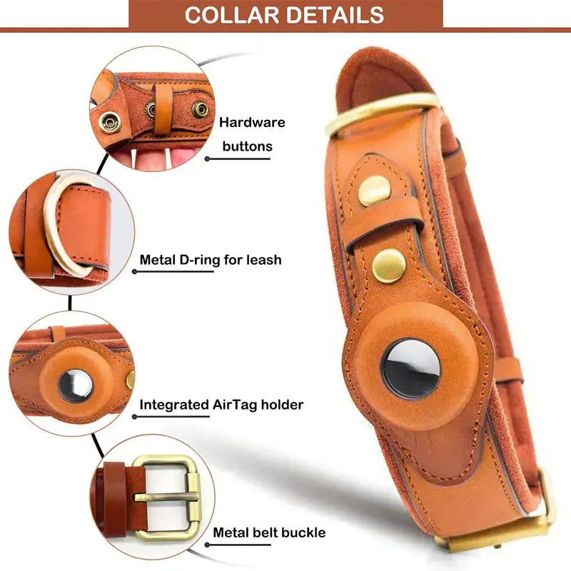 Premium Leather Anti-Lost Dog Collar with AirTag Holder