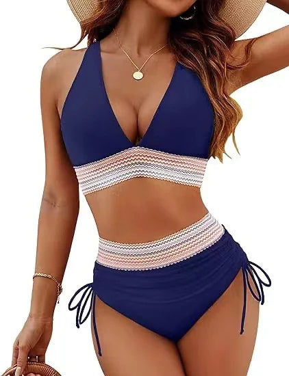 Color Block Drawstring Bikini Set