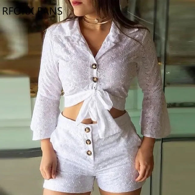 Elegant Women's Broderie Lace Blouse and Shorts Set