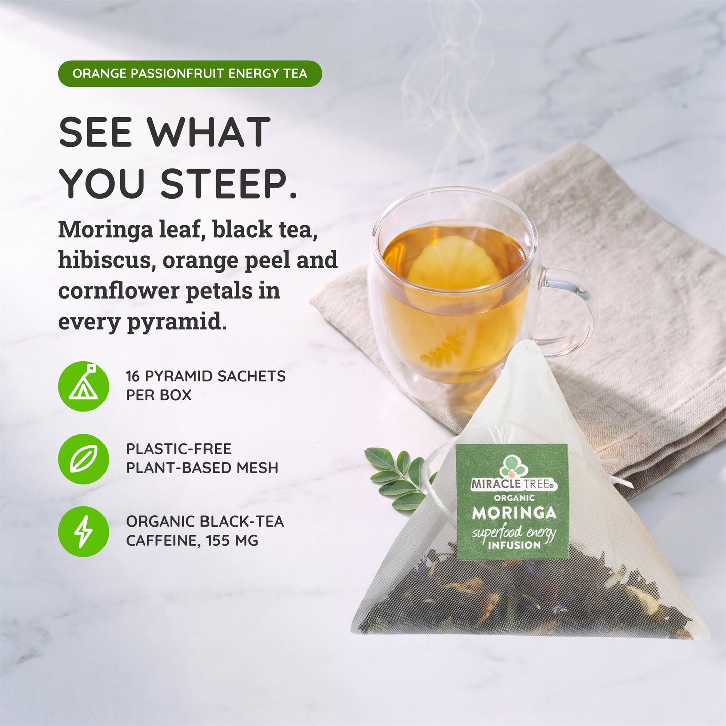 Thé énergisant Moringa avec orange et fruit de la passion