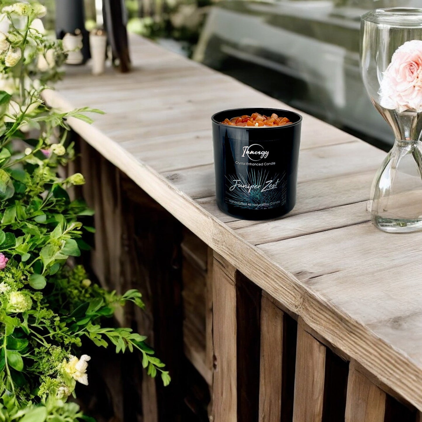 Juniper Zest Crystal Candle with Peach Aventurine | 9oz Coconut-Soy Wax Bliss - Korvel
