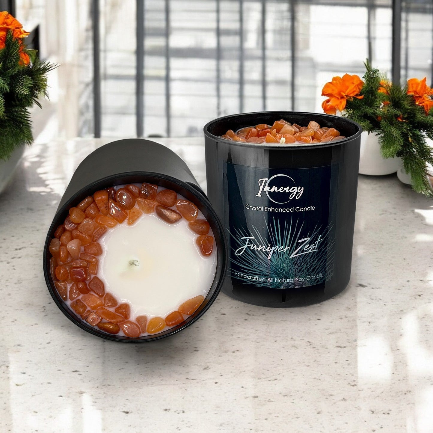 Juniper Zest Crystal Candle with Peach Aventurine | 9oz Coconut-Soy Wax Bliss - Korvel