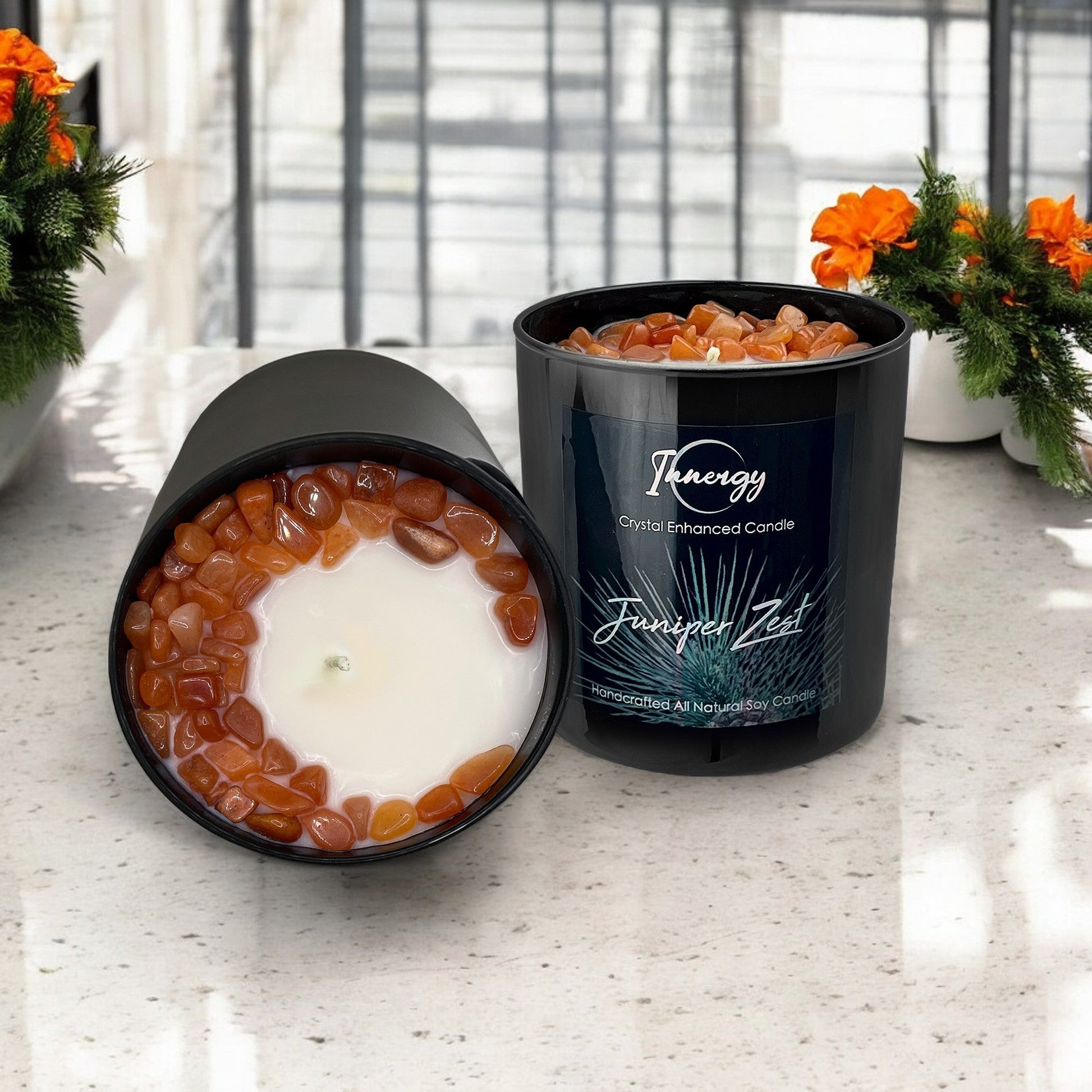Juniper Zest Crystal Candle with Peach Aventurine | 9oz Coconut-Soy Wax Bliss - Korvel