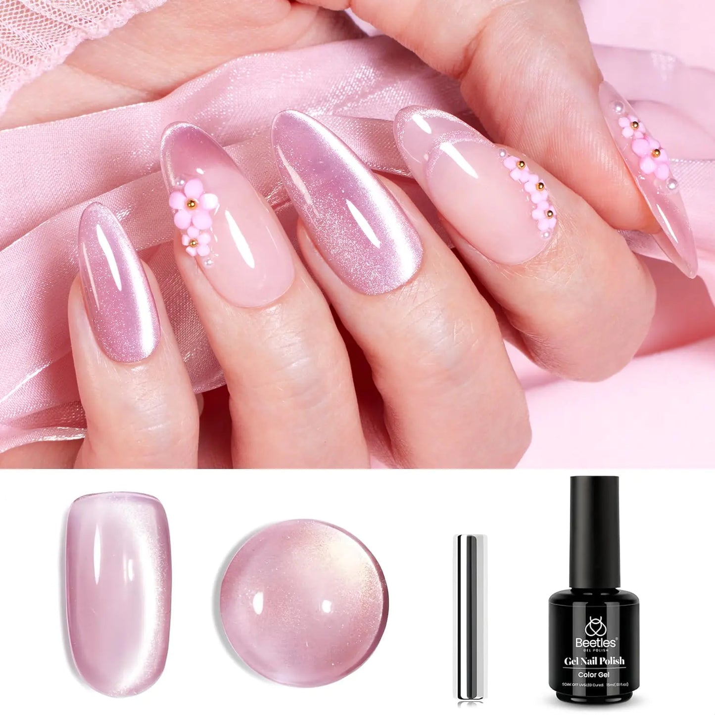 Esmalte de Uñas en Gel Cat Eye Rosa Beetles - 15ML con Brillo Holográfico