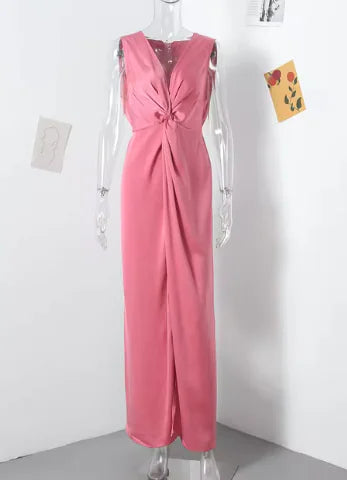 Knotted Evening Long Dress for Women - V-neck Sleeveless Bodycon