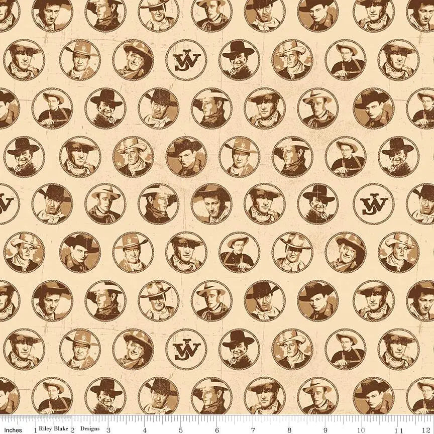 Tela Cream Circles del Oeste Americano John Wayne - 43"/44" por Yarda
