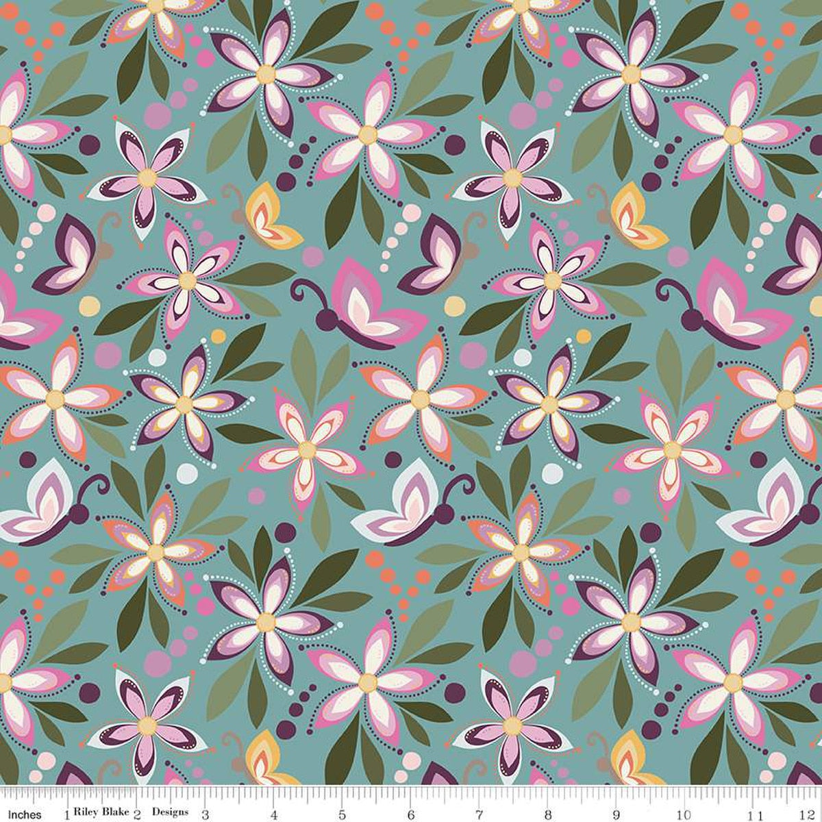 Juju's Petals Main Teal Cotton Fabric - 43"/44" Per Yard