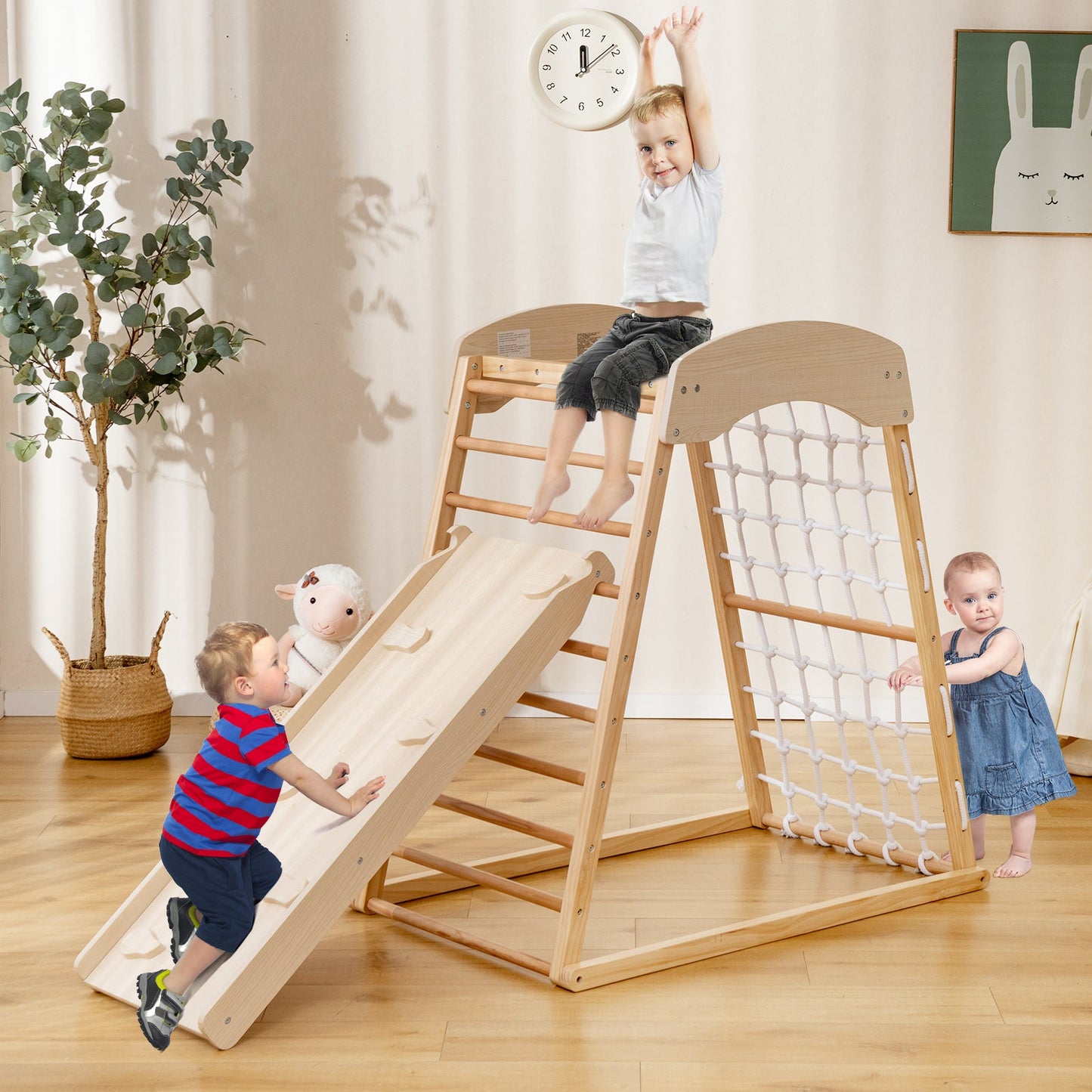 6-in-1 Wooden Jungle Gym with Double-Sided Ramp