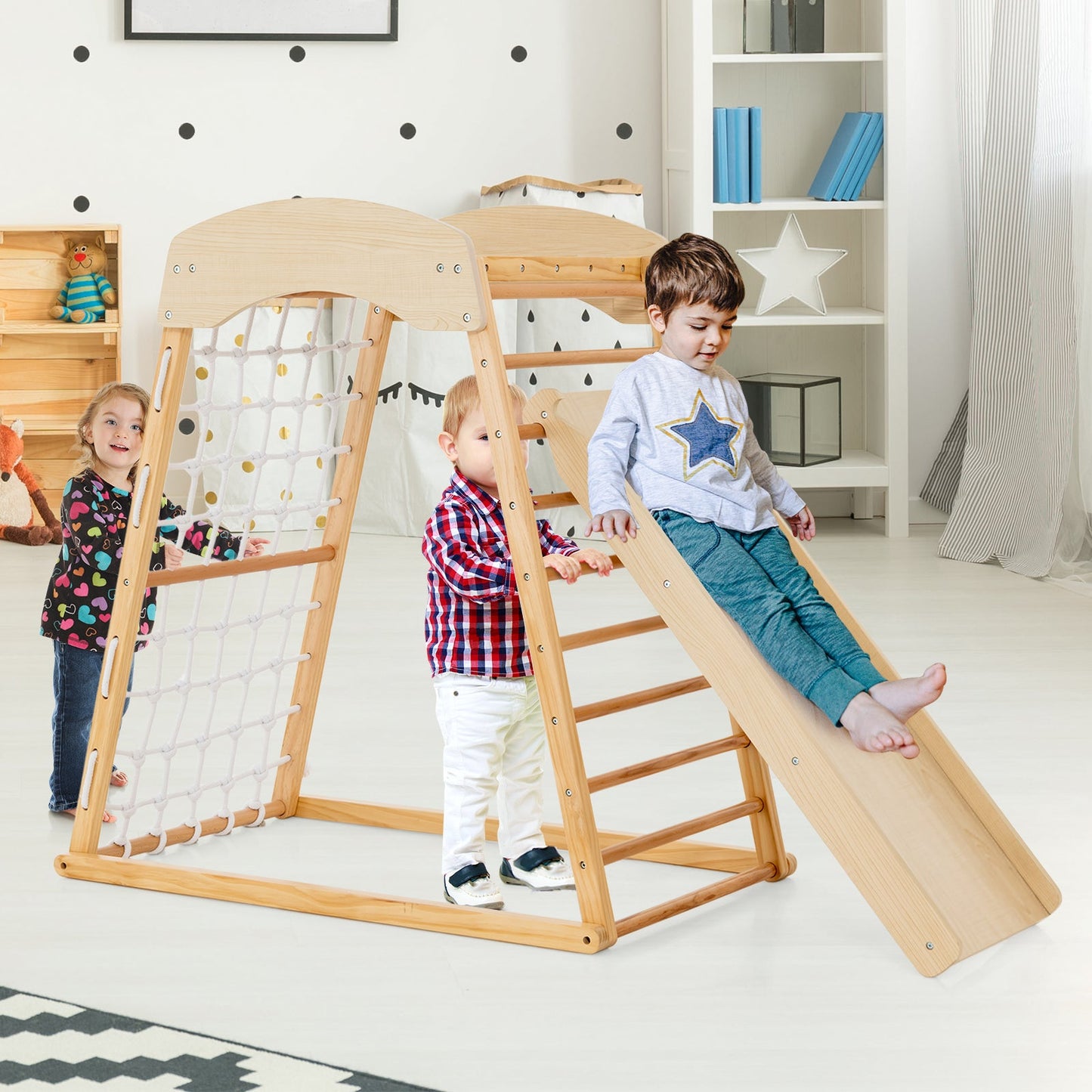 6-in-1 Wooden Jungle Gym with Double-Sided Ramp
