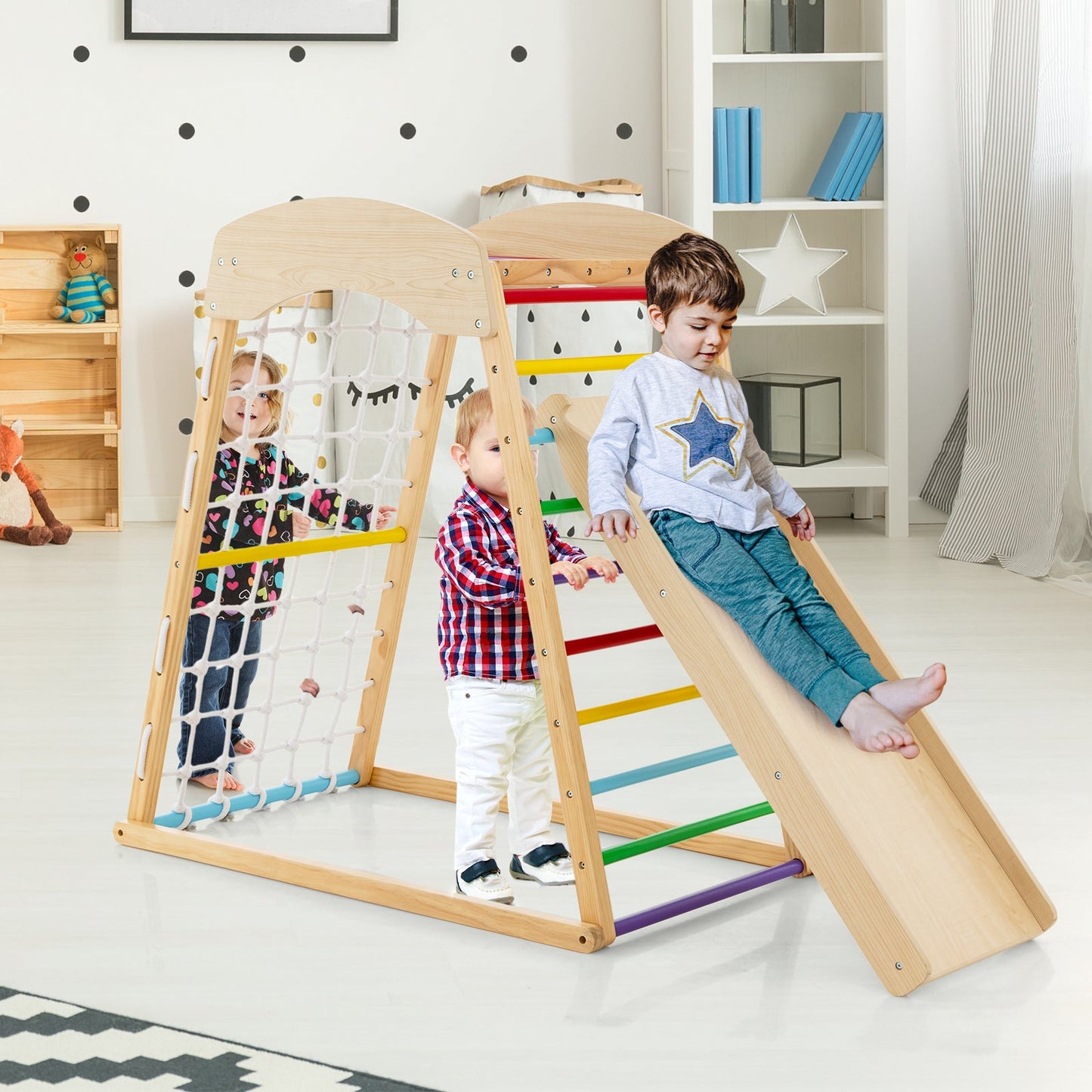 6-in-1 Jungle Gym Wooden Indoor Playground with Ramp & Monkey Bars