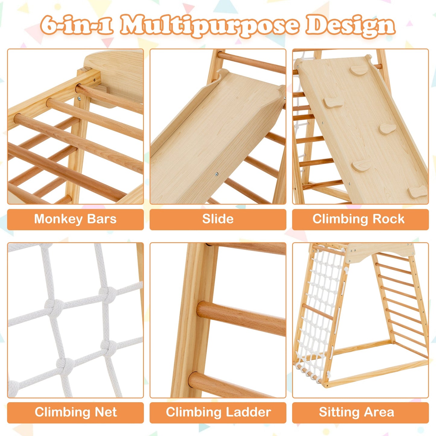 6-in-1 Wooden Jungle Gym with Double-Sided Ramp