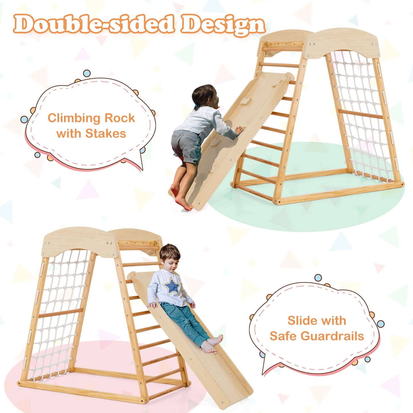 6-in-1 Wooden Jungle Gym with Double-Sided Ramp