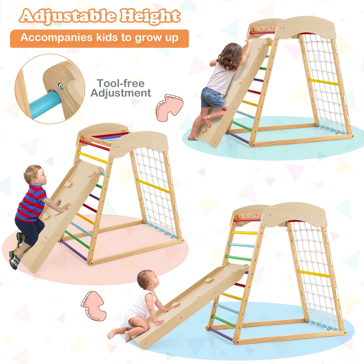 6-in-1 Jungle Gym Wooden Indoor Playground with Ramp & Monkey Bars