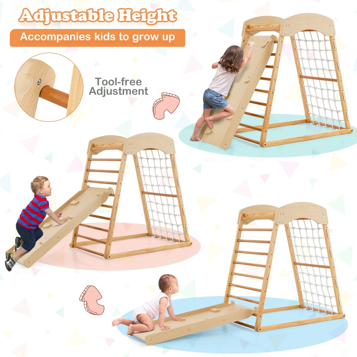 6-in-1 Wooden Jungle Gym with Double-Sided Ramp