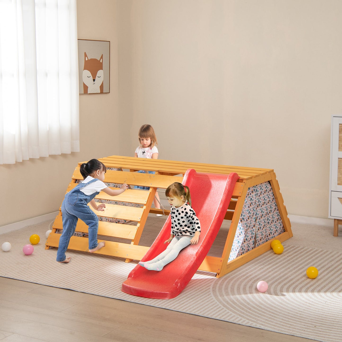Aire de jeux intérieure en bois 5-en-1 Jungle Gym avec toboggan
