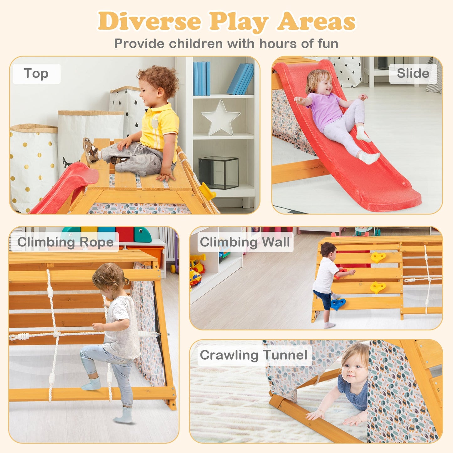 Aire de jeux intérieure en bois 5-en-1 Jungle Gym avec toboggan
