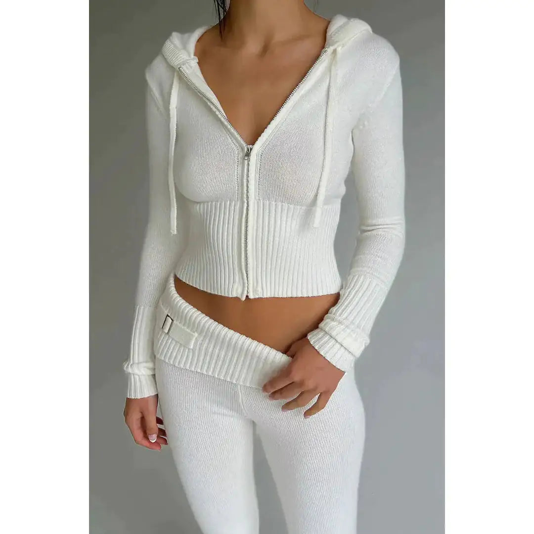 Ensemble de vêtements deux pièces en tricot côtelé pour femmes - Décontracté et tendance
