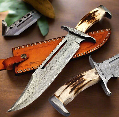 Premium Stormbringer Bowie Knife – 16" Custom Raindrops Damascus Blade with Antler Handle - Korvel