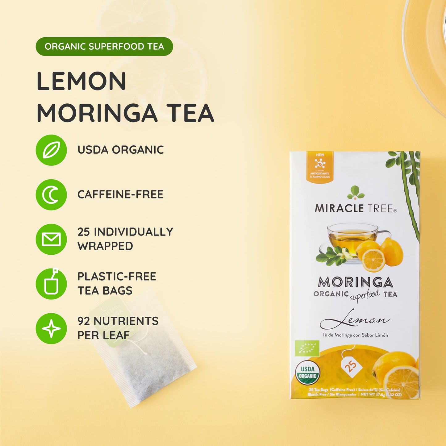 Té Orgánico de Moringa con Limón - 25 Bolsitas de Té Envueltas