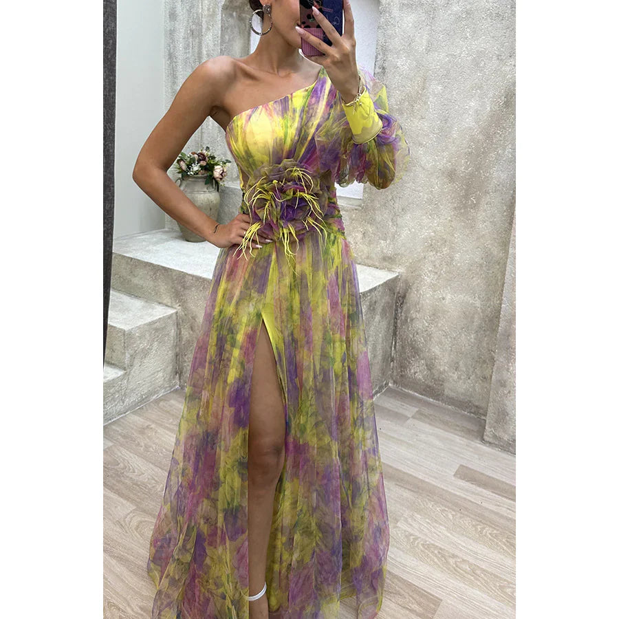 Mesh Tie-Dye Printed Off-Shoulder Slit Dress