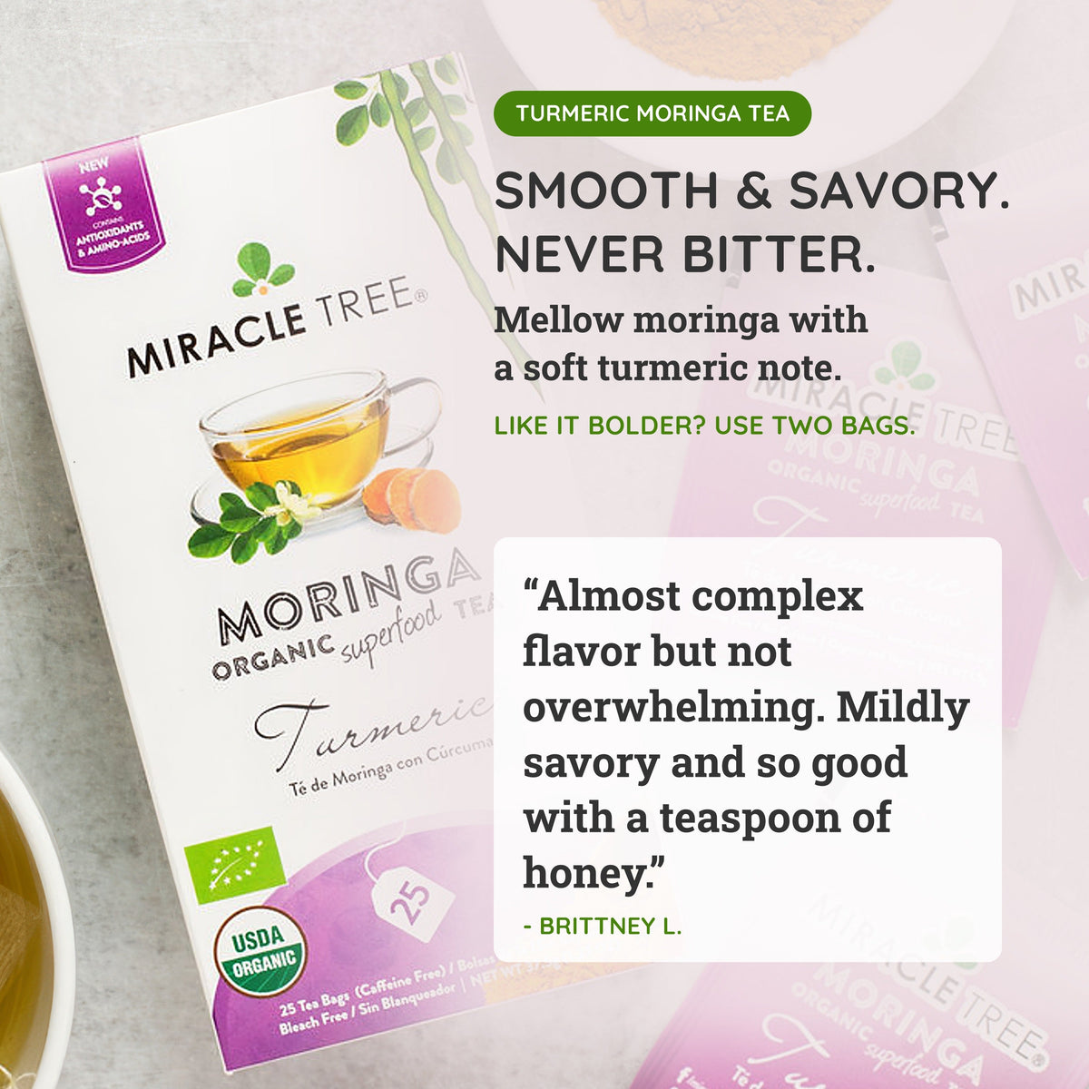 Organic Moringa & Turmeric Tea - 25 Wrapped Tea Bags