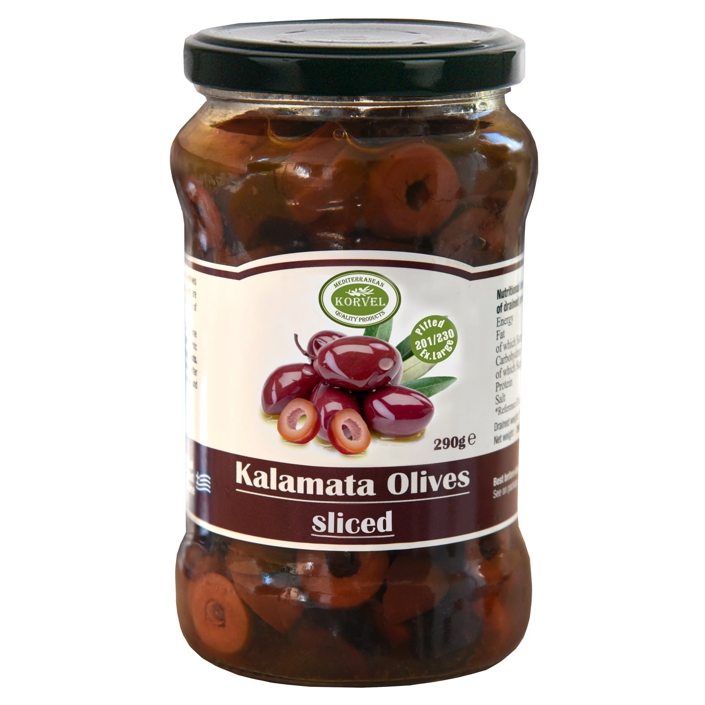 KORVEL Greek Kalamata olives sliced, Extra Large, 10.65 oz.