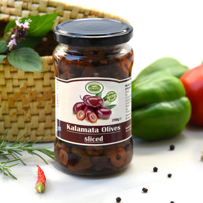 KORVEL Greek Kalamata olives sliced, Extra Large, 10.65 oz.