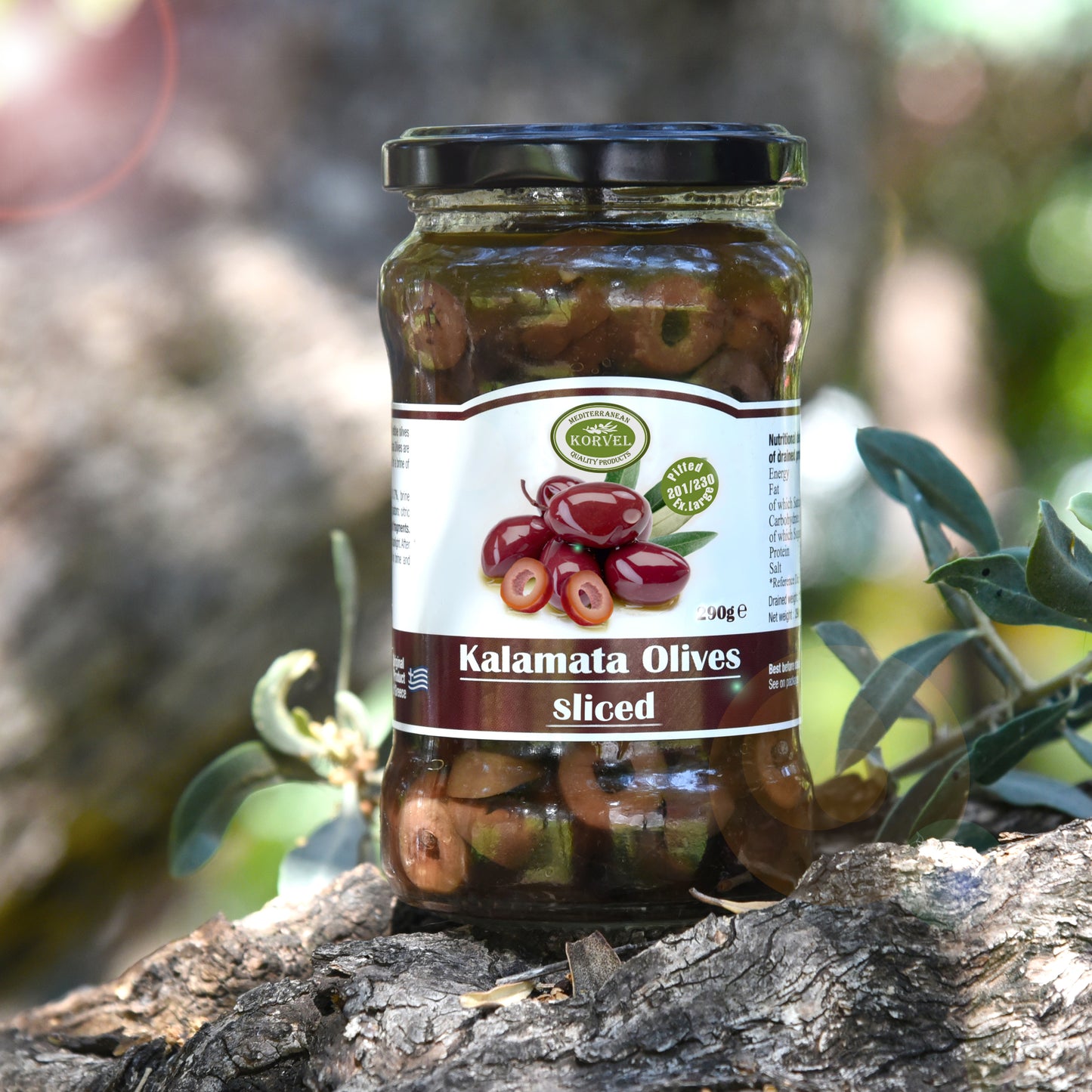 KORVEL Greek Kalamata olives sliced, Extra Large, 10.65 oz.